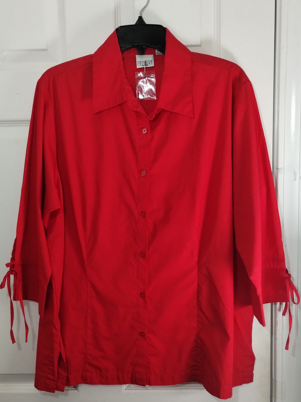 Plus Size 3/4 Tie-Detailing Sleeve Red Button-Front Blouse
